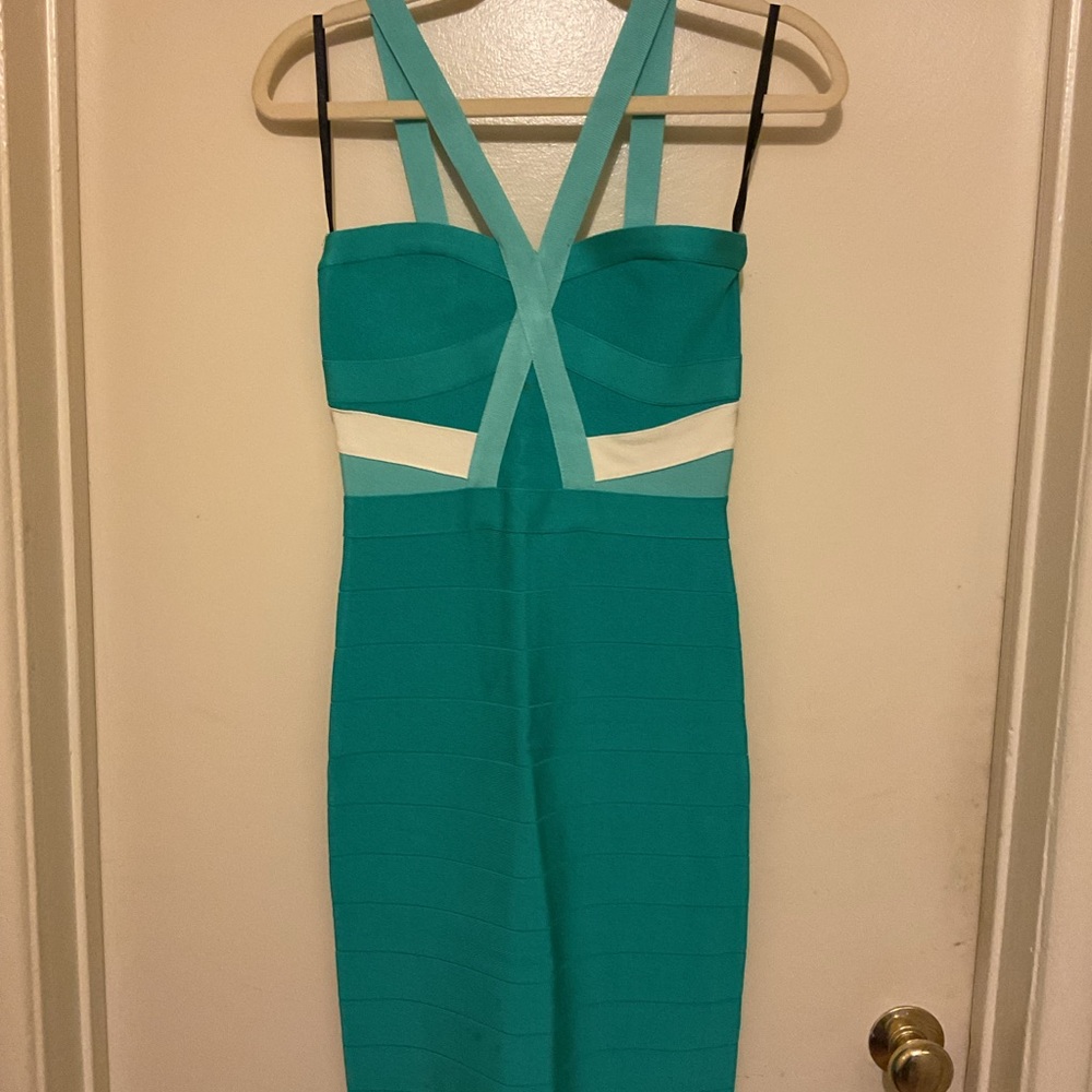 $20 FIRM bebe Teal Bandage Midi Dress with Cream Accent Straps